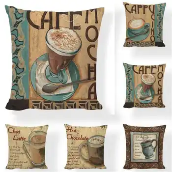 

Vintage Coffee Cup Pattern Cotton Linen Pillow Case Soft Back Cushion Room for Coffee shop Decor