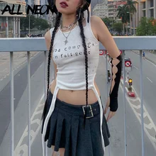 

ALLNeon Y2K Aesthetics Grunge Letter Print Bandage Halter Crop Tops E-girl Streetwear Sleeveless Irregular White Tanks Harajuku