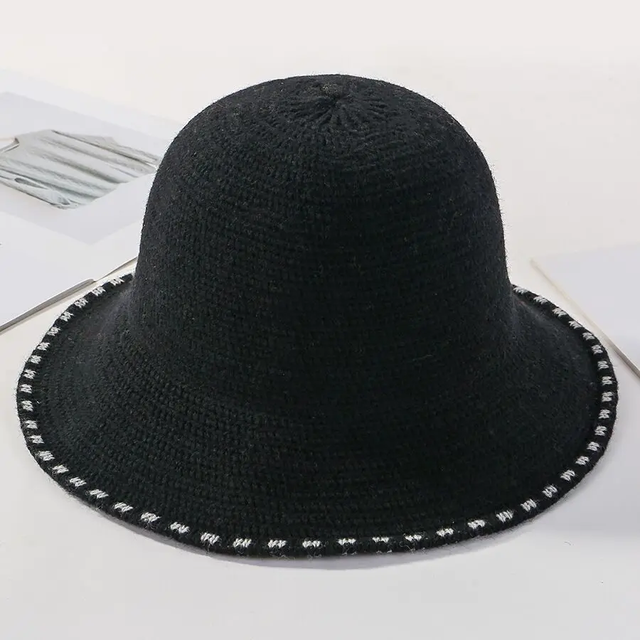 Осенне-зимняя женская вязаная шапка, однотонная теплая женская панама с широкими полями, Панама, Рыбацкая шапка, шапка для бассейна - Цвет: Black