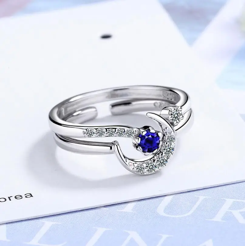 Настоящее 925 пробы Серебряное регулируемое кольцо из блестящего циркония с Лунной звездой для очаровательных женщин, свадебное романтическое ювелирное изделие, подарок