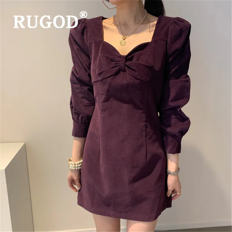 Женское вельветовое платье RUGOD Simplee однотонное в стиле ретро с бантом и длинными