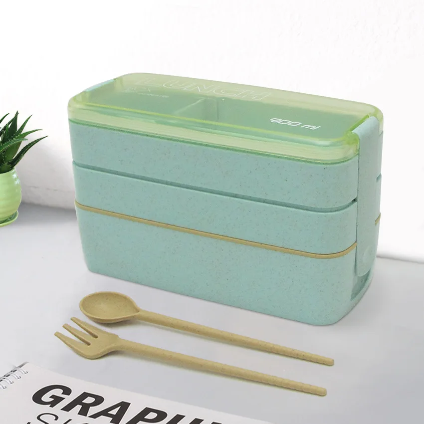 

900ml 3 Layers Lunch Box Eco-Friendly Wheat Straw Material Box Microwavable Dinnerware Food Container Leakproof Lunchbox