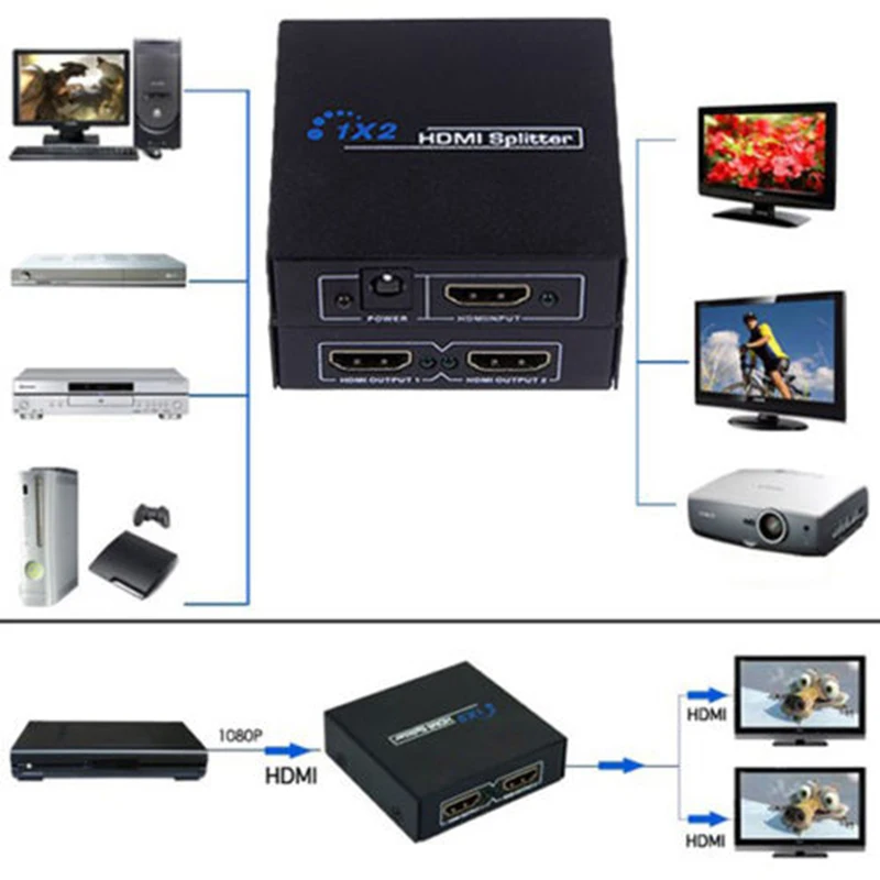 HDMI 1 в 2 Выход 1080p Hdmi сплиттер 1x2 сплиттер адаптер Усилитель сигнала питания 1.3B 1,4 гнездовой разъем совместимый dvd-плеер
