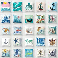 45X45CM Retro Mediterranean Ocean Print Blue Green Cushion Case Hot Mermaid Fish Pillows Case Sofa Seat Livingroom Throw Pillows 1
