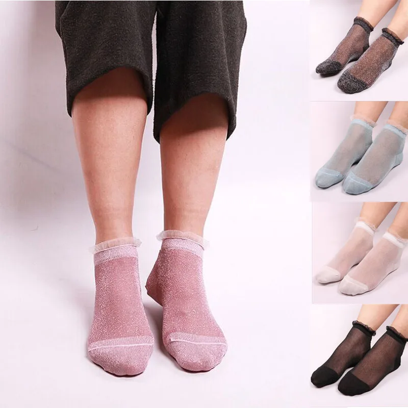 Сексуальные блестящие прозрачные шелковистые женские носки кружевные прозрачные однотонные короткие носки черные розовые 6 цветов