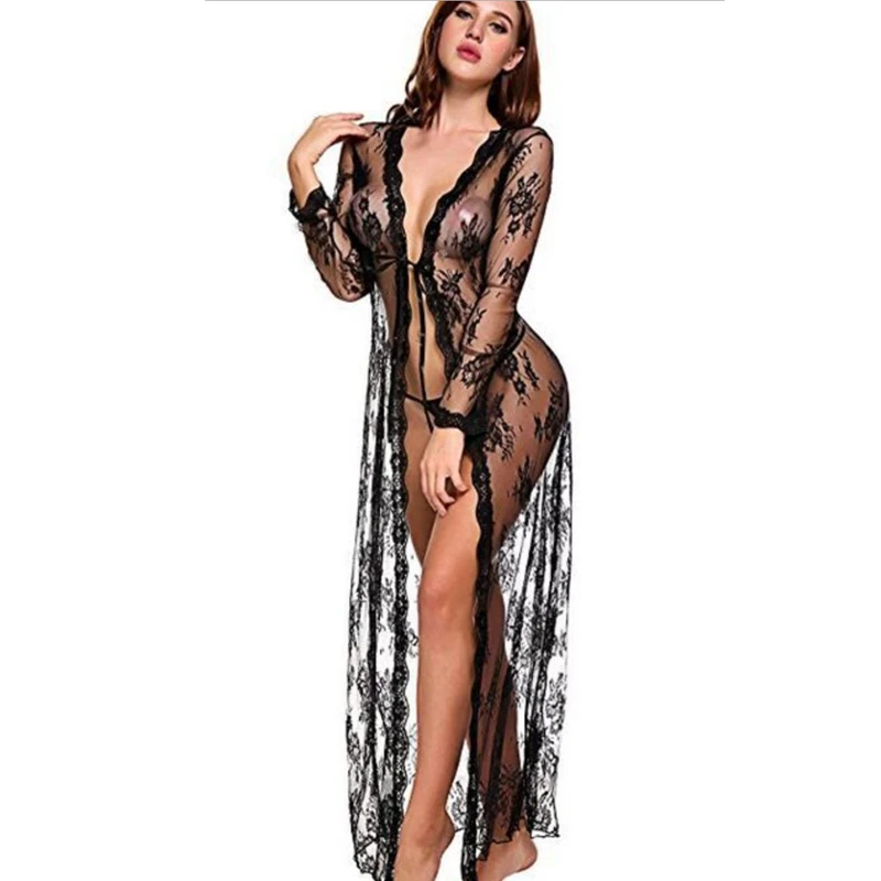 

Ladies Long Gowns Black Bridesmaid Robes Lace See Though Bathrobe Kimono Underwear Women Lace Pink Women Clothes