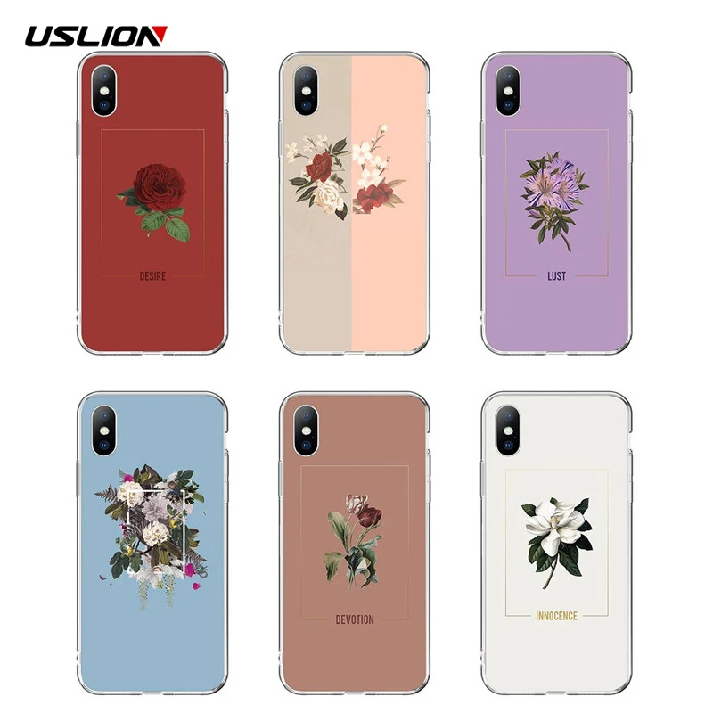 

USLION Floral Flower Phone Cover For iPhone X XR XS MAX 7 8 7Plus 6 6S Plus 5 5S SE Transparent Back Case Soft Phone Cases Cover