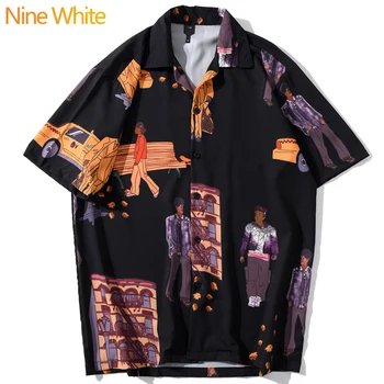 

Hip-hop shirt street 2020 summer men's Harajuku beach shirt casual fashion car character building shirt short sleeve -shirt