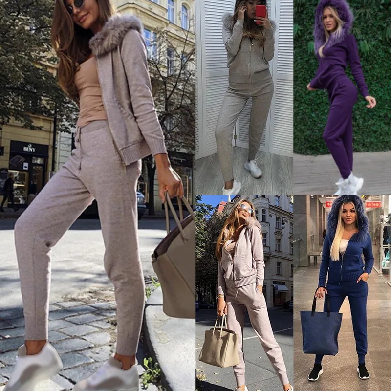 

Puimentiua 2019 Sweter Suit Women Street Style Hooded Tracksuits Zip Up Cardigans Drawstring Elastic Pants Knitwear 2Pc Hot Sale