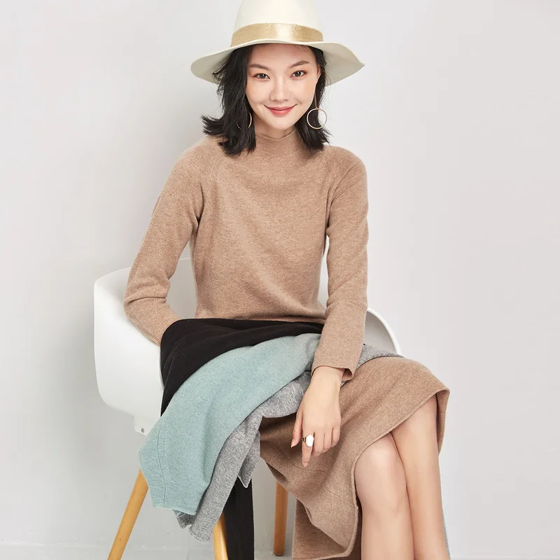 

[Commuter fashion] 2020 autumn and winter new wild pure color temperament 100% wool dress female mid-length slim