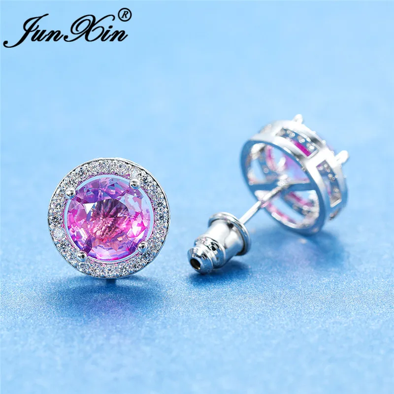 Boho Gradient Colorful Purple Pink Zircon Round Stud Earrings For Women White Gold Rainbow Fire Crystal Wedding Earrings Jewelry