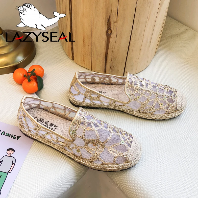 LazySeal/воздухопроницаемые тапочки из сетчатого материала; Осенняя женская обувь; обувь на плоской подошве из конопли; женские туфли без задника на шнуровке; женские шлепанцы с круглым носком