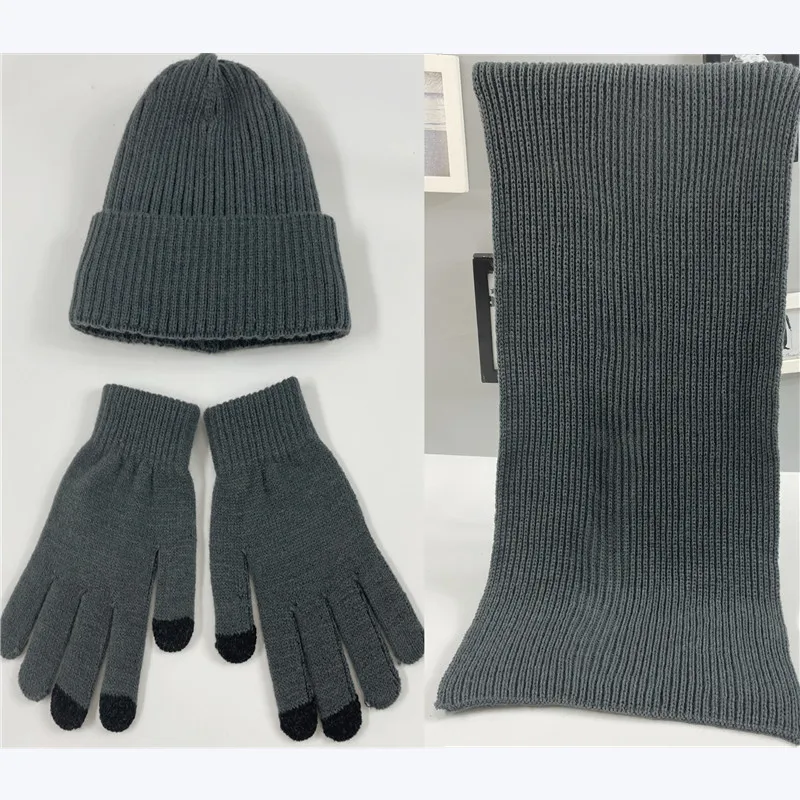 

European popular men's autumn and winter woolen hat thickened outdoor warm knitted scarf gloves 3-piece set perfect gift