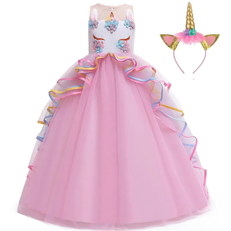 Длинное платье с единорогом Детские платья с повязкой на голову для девочек; детское платье принцессы для девочек вечерние платья на свадьбу и день рождения для детей 14, 10, 12 лет
