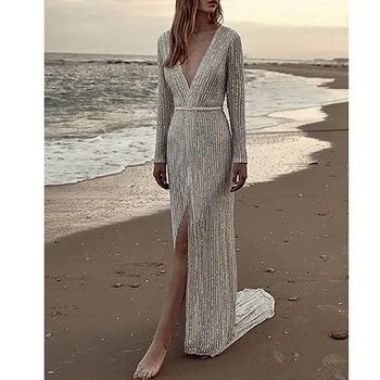 

New autumn/winter 2019 hot style long sleeve deep V cardigan sequined dress