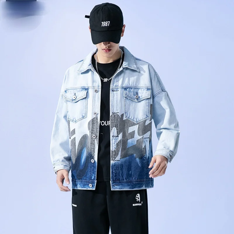 2021 Spring New Men's Denim Jacket Male Korean Version of The Trend Handsome Outer Clothes Student Letter Print Casual Coat 5XL 2