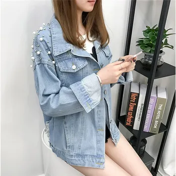 

Pearl Beading Jacket Women Button Long Sleeve Streetwear Lightweight Denim Open Front Motorcycle Jean Jacket Overcoat New E26