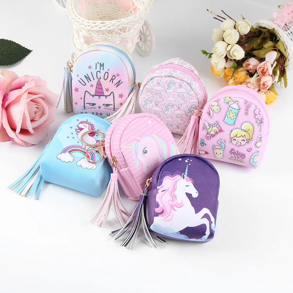 Gran oferta Mini paquete trasero con borla de dibujos animados para mujer, monedero, auriculares, auriculares, monedero bolsa de monedas para niños, llavero con unicornio, PU, cremallera, cartera pequeña 1zWqoDpK8