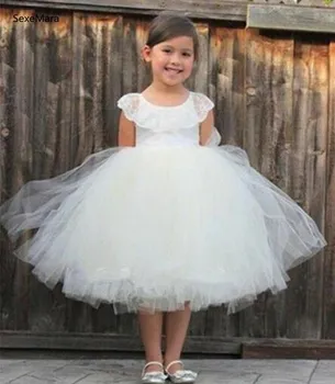 

Ivory White Puffy Tulle Flower Girl Dress for Wedding Knee Length Kids Clothes Children Birthday Party Gown