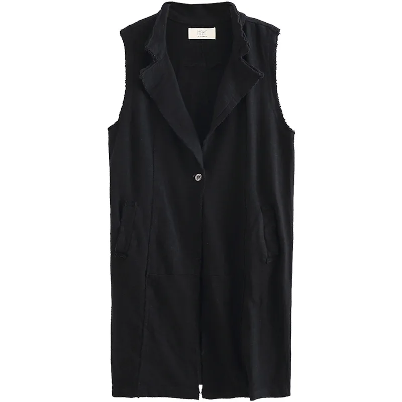 

[Cotton Linen 2017 "Ancient Prose Yifeng Solid Color Suit Collar One-Button Mid-length Loose-Fit Knit Sleeveless Vest