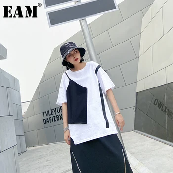 

[EAM] Women White Split Joint False Two Big Size T-shirt New Round Neck Half Sleeve Fashion Tide Spring Summer 2020 1U068
