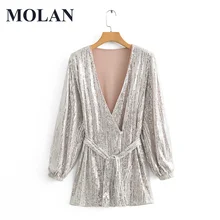 

MOLAN Sexy Sequined Woman Dresses With Belt Elegant Lantern Sleeve V Neck Party Evening Robe Female Asymmetric Vestidos