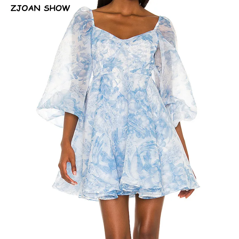 

2022 Retro blue Tie dye Colored Organza Ball Gown Dress Puff Long Sleeve Princess Women Swing Mini Dresses Fairy Robe Vestidos