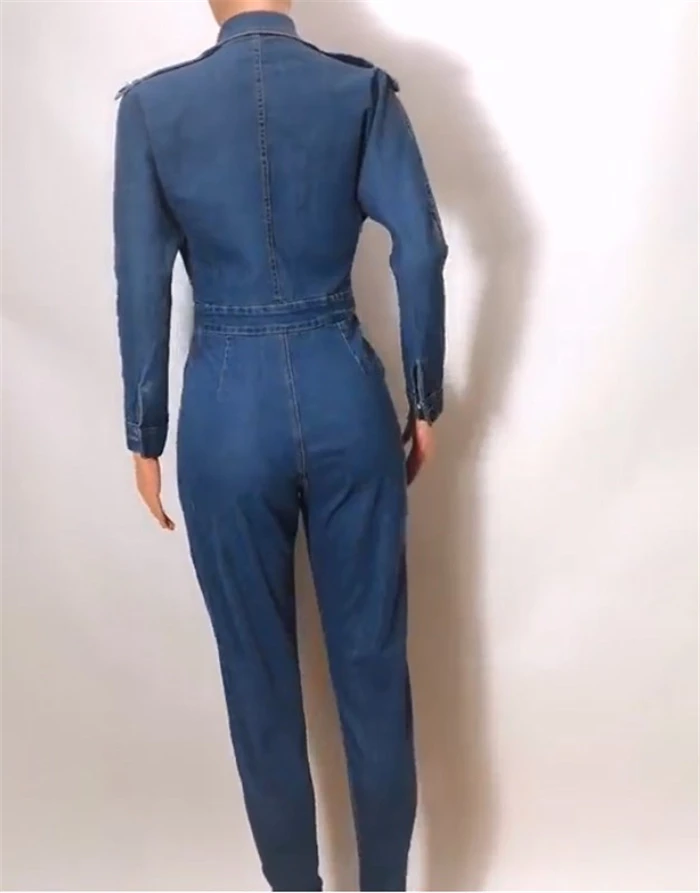 New Women Jumpsuit Long Sleeve Turn-down Collar Denim Solid Color With Pockets Rompers Jumpsuits Casual Streetwear