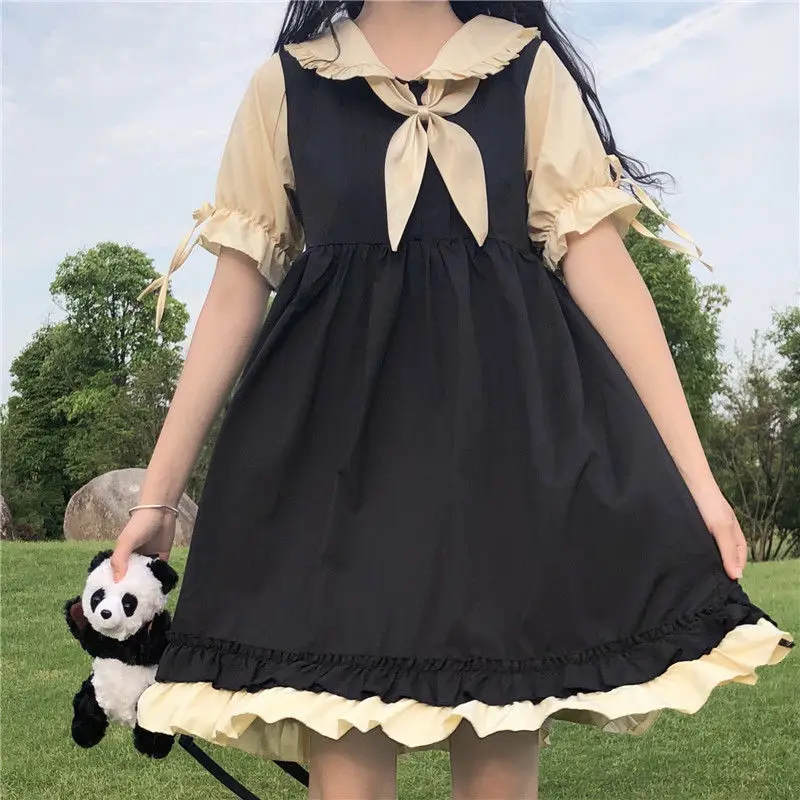

Japan Style Bow Collar Women's Dress Cute Kawaii Clothes For Girls 2022 Summer Loose A-Line Dress Patchwork Maid Outfit Student