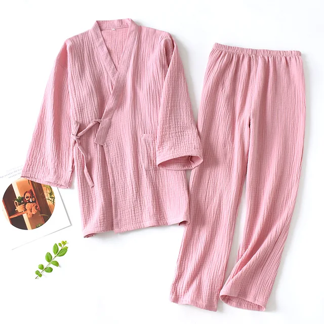 Men and Women 100% Cotton Pajamas Plus Size Loose Bathrobes V-Neck Kimono Pijama Mujer Three Quarter Sleepwear Couple Sleepwear 2