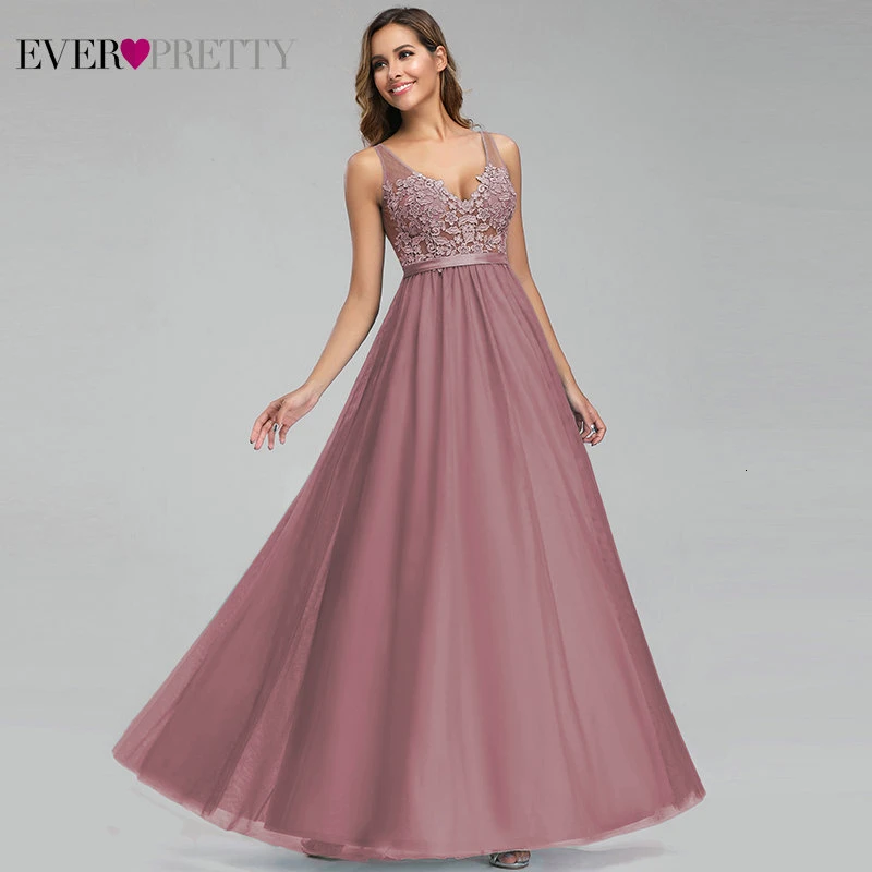 Ever Pretty Dusty Blue Bridesmaid Dresses V-Neck Appliques Elegant Long Dresses For Wedding Party EP00930DB Vestidos De Madrinha - Цвет: Dusty Pink