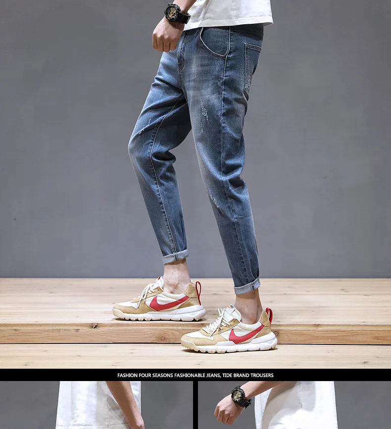 Модные мужские повседневные зауженные джинсы с карманами; джинсовые брюки до щиколотки; однотонные джинсы; Homme; большие размеры
