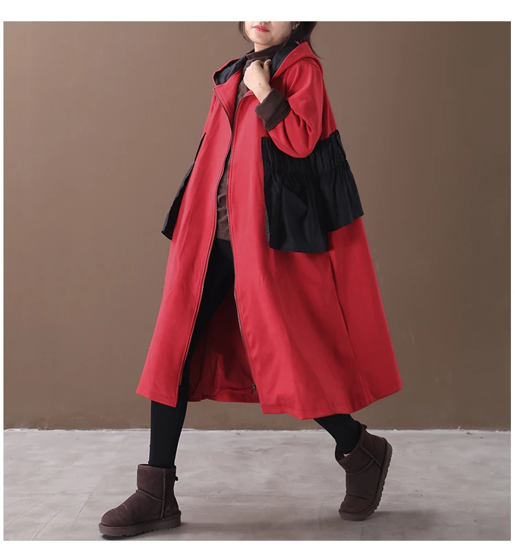 female new autumn and winter plus size korean style outerwear literary ruffled stitching hooded with velvet loose trench