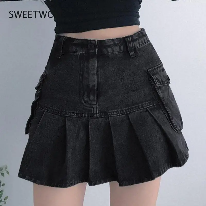 Fashion Women's Clothing 2021 Short Skirt Female High Waist Slimming Black Denim Pocket A-Line Pleated Skirt Short Skirt