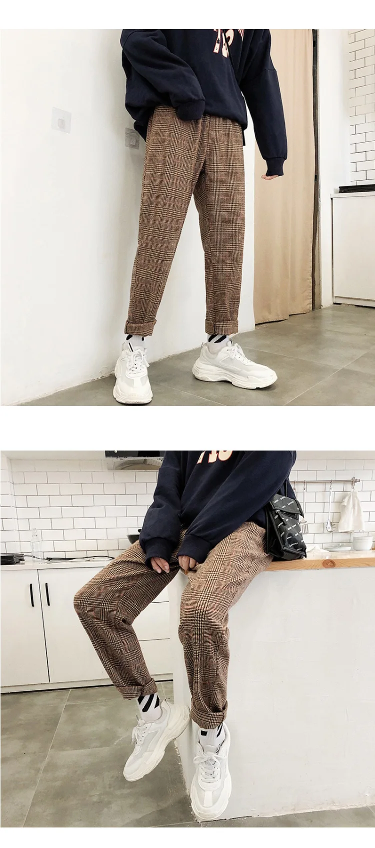 Зимнее утепленное шерстяное брюки мужские модные повседневные клетчатые брюки в стиле ретро мужские уличные широкие прямые брюки в стиле хип-хоп