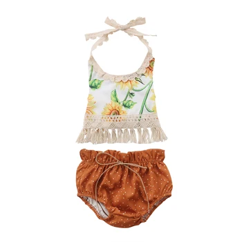 

2020 Fashion Tassels Newborn Baby Girls Lace Flower Tops Shorts Briefs Sunflower Outfits 0-24M Clothes Summer