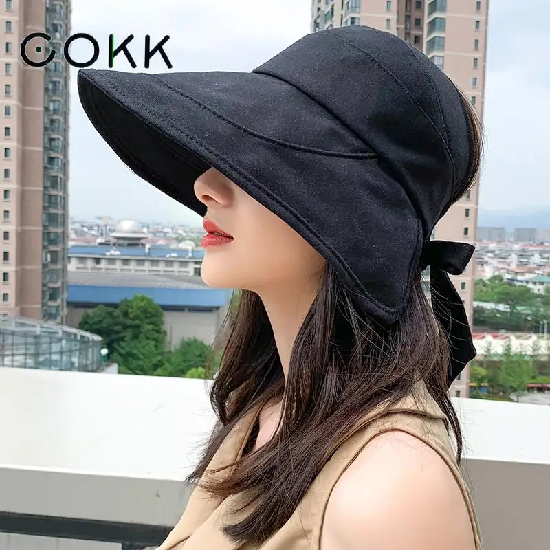 

COKK Sun Hat Summer Women Ponytail Visor Wide Brim Uv Protection Bow Beach Hat Yellow Ladies Sunhat Ladies Hats Foldable Gorro