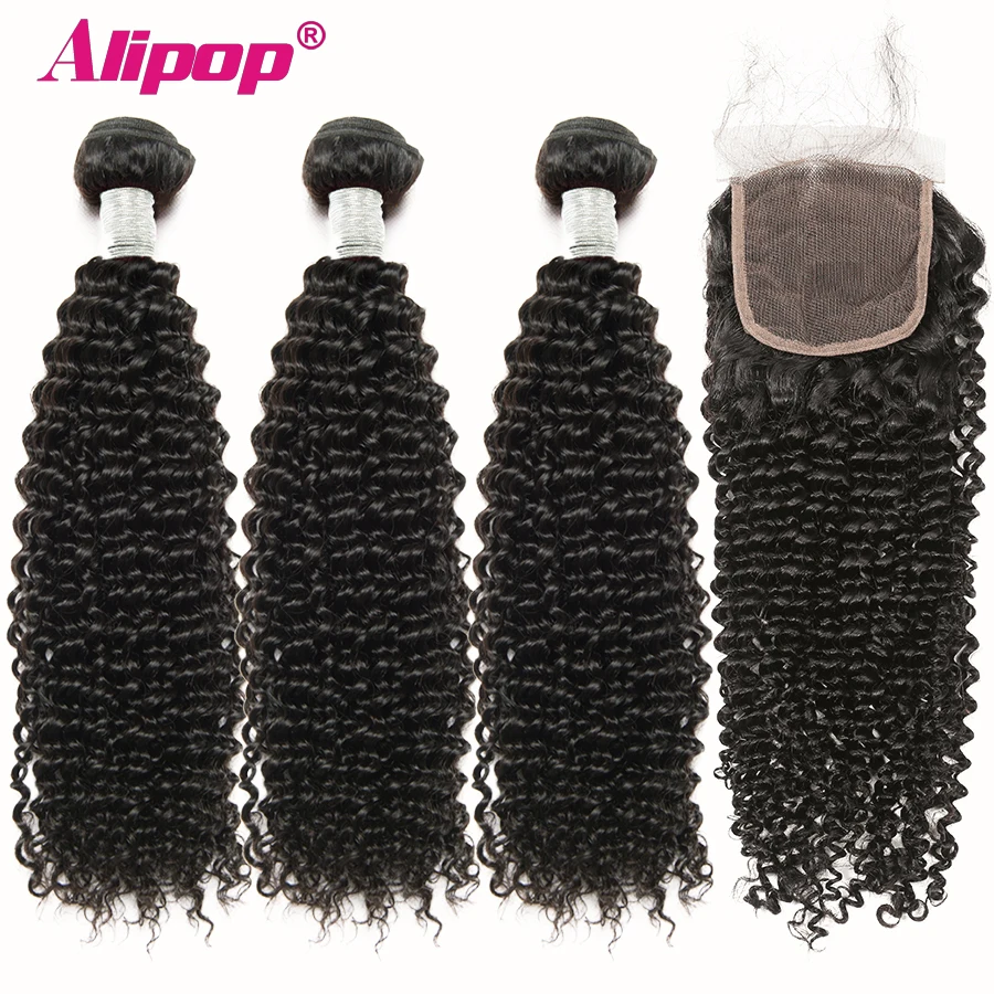 

Kinky Curly Bundles With Closure Peruvian Human Hair 3 Bundles With Closure Remy Hair With Closure 4x4 Lace Closure Alipop