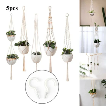 

5PCS Bohemian Hand-woven Wall Hanging Net Bag Wall Hanging Potted Hanging Basket Flower Pot Holder Hanging Rope Basket Decor