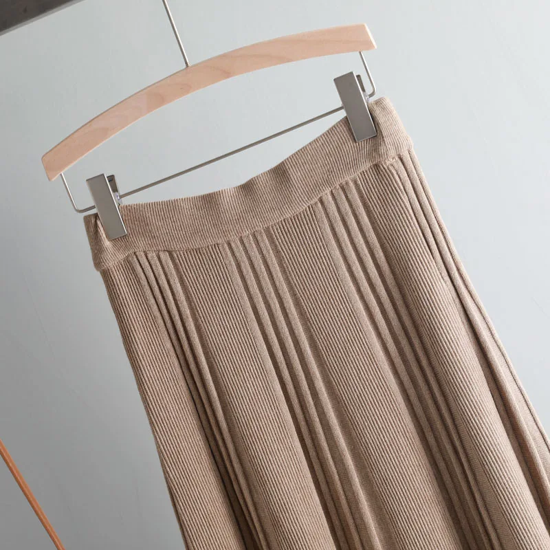 Винтажная зимняя женская Плотная юбка-свитер эластичная высокая талия плиссированная миди трикотажная юбка трапециевидная Женская однотонная элегантная юбка