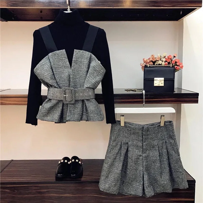 HAMALIEL осенний Женский комплект из 3 предметов, модный вязаный черный свитер с круглым вырезом+ серые клетчатые топы с бретельками+ широкие шорты