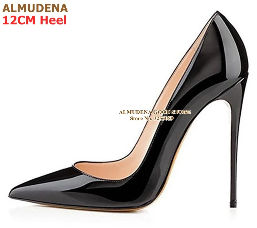 black 12cm heel ALMUDENA/брендовые туфли-лодочки на шпильке 12, 10, 8 см модельные туфли из лакированной кожи дизайнерские свадебные туфли с острым носком на тонком каблуке размер 45 - Цвет: black 12cm heel
