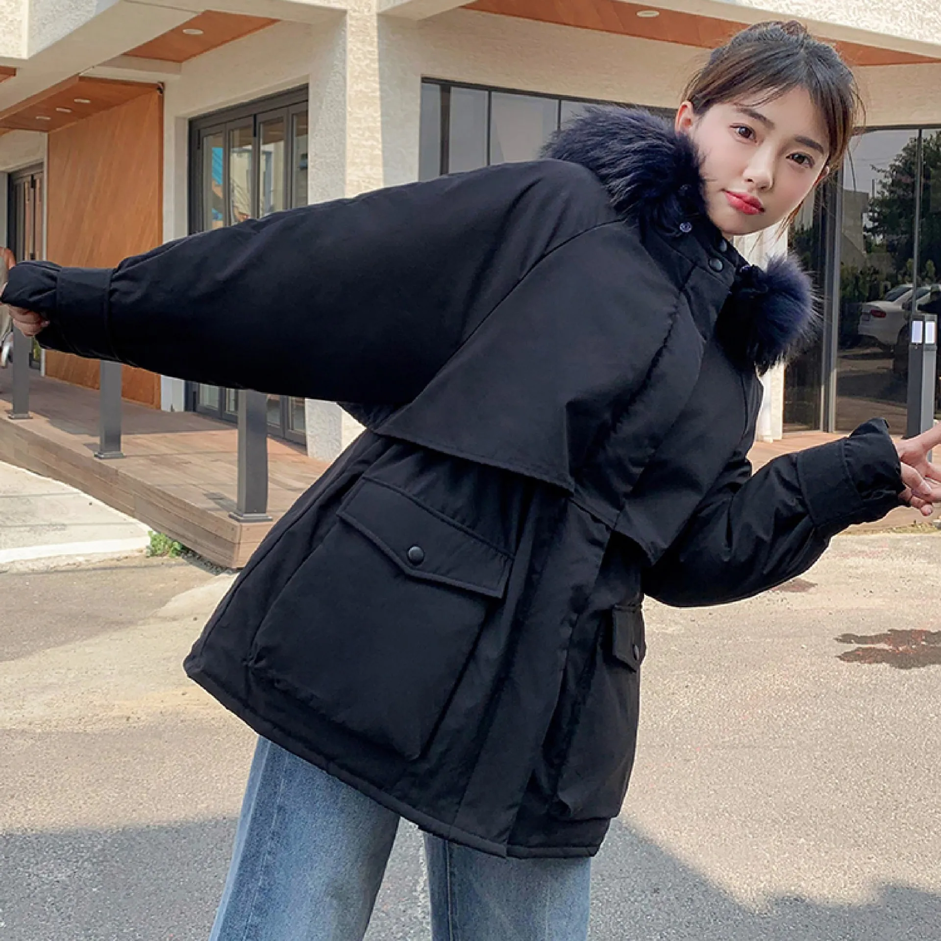 

Photo Shoot New Style down Jacket Women's Korean-style Army Workwear Drawstring Waist Hugging Mid-length Cotton Coat Online Cele