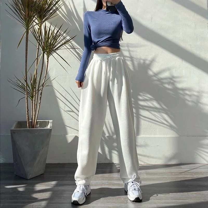 MINGLIUSILI-pantalones de chándal de estilo coreano para mujer, Joggers blancos a la moda, ropa de calle de cintura alta lisa, informales, primavera 2021