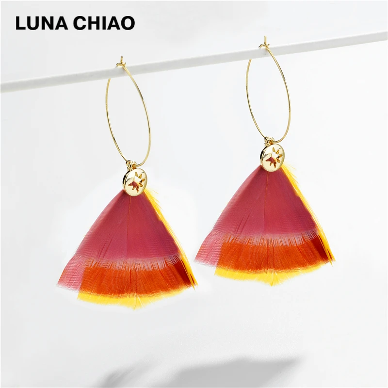 LUNA CHIAO новые модные шикарные стильные ювелирные изделия Красочные птица перо большие серьги-кольца для женщин - Окраска металла: red