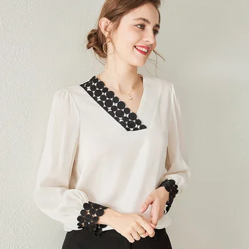 

Heavyweight Silk Shirt 2020 Autumn New Black and White Shirt Lace Stitching Lady's Fashion Lady's Shirt Dropshipping