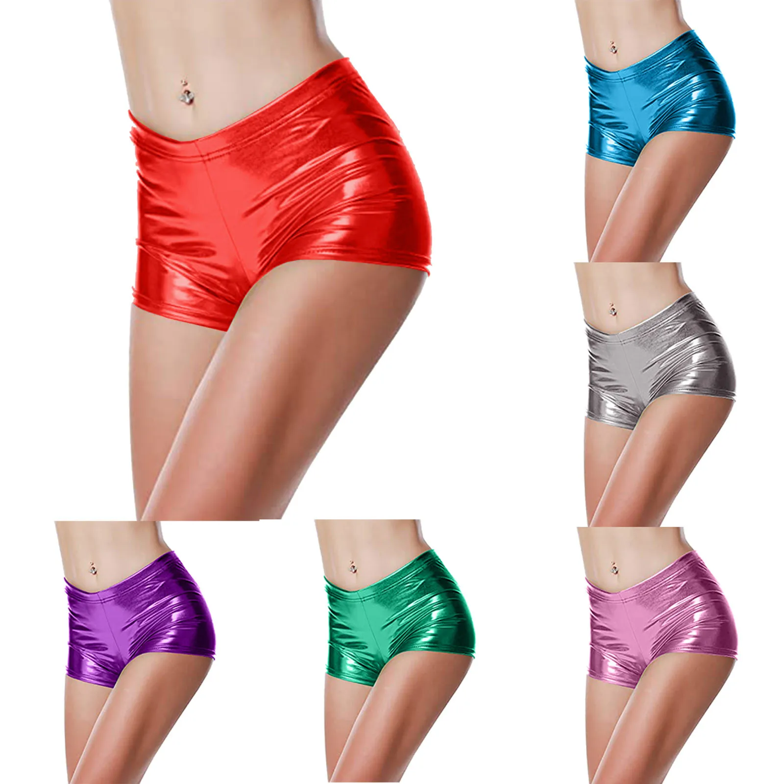 Women Faux Shorts Panty Glossy Metallic Rave Dance Leather Short Trousers Black Red Silver Golden High Waist Sexy Hot Pants
