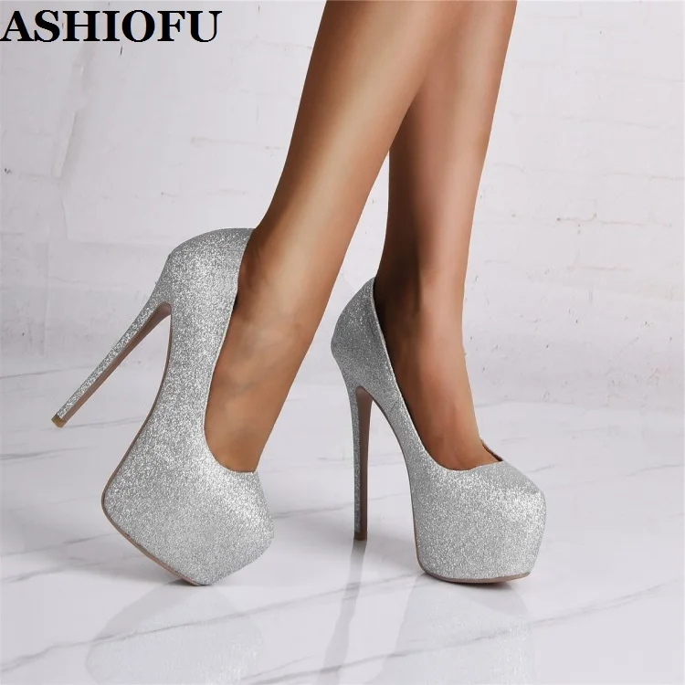 

ASHIOFU 2020 New Handmade Women's High Heels Pumps Glitter-leather Real-pics Party Platform Dress Shoes Evening Club Court Shoes