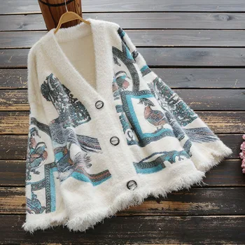 

Women sweaters cardigan printed v-neck long sleeve casual loose Sweater