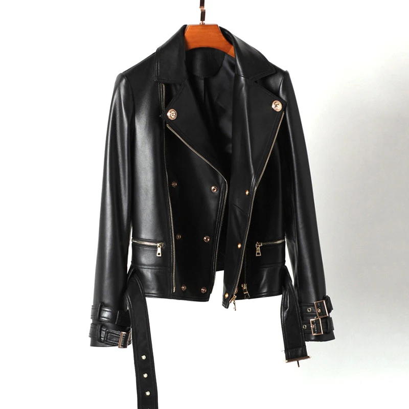 Genuine Leather Jacket Women Chic Gold 